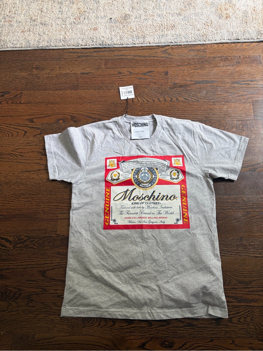 Moschino Gray Short-Sleeve Tee with Red and Gold Label Graphic